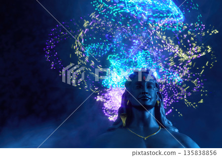 Maha Shivratri background. Adiyogi shiva statue meditating with spiritual energy light display 135838856