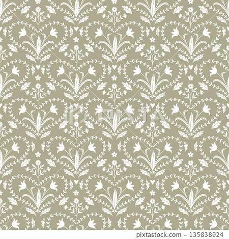 Seamless folk floral pattern with hearts and leaves Seamless folk floral pattern with hearts and leaves 135838924