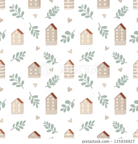 Seamless house floral pattern. Seamless repeating pattern with cute striped houses, eucalyptus branches and hearts in soft romantic colors Seamless house floral pattern. Seamless repeating pattern with cute striped houses, eucalyptus branches and hearts in soft romantic colors 135838927