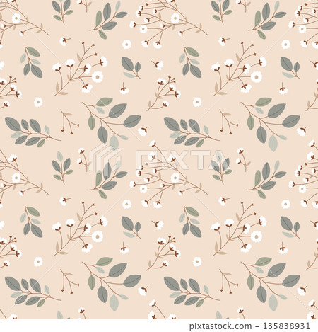 Floral seamless pattern with leaves and small flowers Floral seamless pattern with leaves and small flowers 135838931