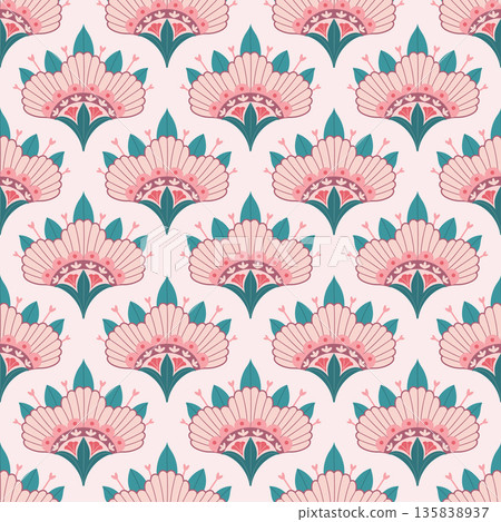 Seamless repeating pattern with decorative fan-shaped flowers in a soft pastel color palette. Seamless repeating pattern with decorative fan-shaped flowers in a soft pastel color palette. 135838937