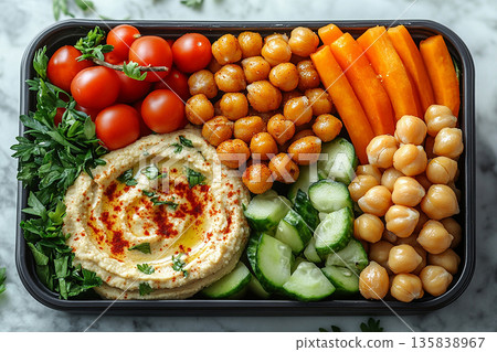 Plant based lunch box with hummus, roasted chickpeas, fresh veggie sticks and whole wheat pita bread on. Plant based lunch box with hummus, roasted chickpeas, fresh veggie sticks and whole wheat pita bread on. 135838967