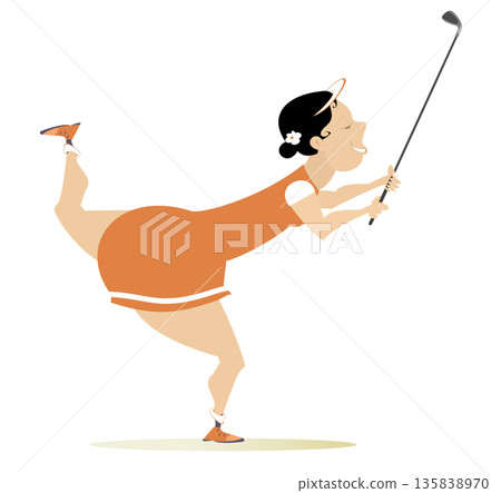 Young plump golfer woman on the golf course isolated illustration. Sexy plump golfer woman with big bust and bottoms aiming to do a good shot Young plump golfer woman on the golf course isolated illustration. Sexy plump golfer woman with big bust and bottoms aiming to do a good shot 135838970