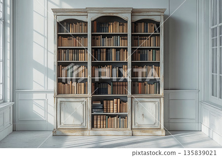 Elegant arrangement. Bookcase in room. Library aesthetic concept. Vintage book covers. 135839021