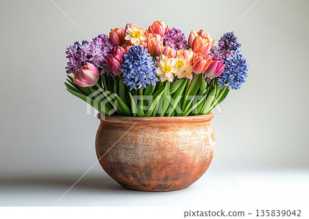 Potted beauty plant. Bulbs lasagna in pot. Planting method for containers or garden beds. Potted beauty plant. Bulbs lasagna in pot. Planting method for containers or garden beds. 135839042