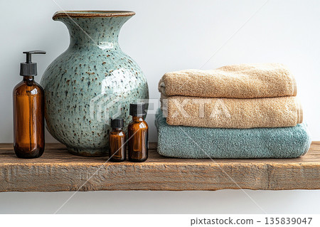 Home cleaning blogs. English style. Ceramic jug in bowl and bathroom accessories with cleaning agent in natural tones on a wooden shelf. 135839047