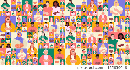 International Women's day geometric seamless pattern with diverse happy women with open palms. Give To Gain IWD 2026 concept hands giving gesture. Modern flat vector illustration background, banner International Women's day geometric seamless pattern with diverse happy women with open palms. Give To Gain IWD 2026 concept hands giving gesture. Modern flat vector illustration background, banner 135839048