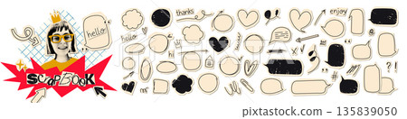 Scribble speech bubble collection, cut out of paper hand drawn doodle sketch balloons, funny elements for collage and scrapbook. Funky stickers set for text, messages and dialogue Vector illustration Scribble speech bubble collection, cut out of paper hand drawn doodle sketch balloons, funny elements for collage and scrapbook. Funky stickers set for text, messages and dialogue Vector illustration 135839050