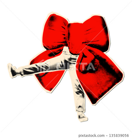 Red bow with halftone legs walking or dancing, funny playful cut out element for collage. Valentine's day, birthday party, surprise. Modern retro mixed media vector illustration transparent background Red bow with halftone legs walking or dancing, funny playful cut out element for collage. Valentine's day, birthday party, surprise. Modern retro mixed media vector illustration transparent background 135839056