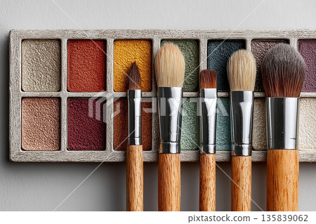 Perfect for beauty product launches. Flat lay of makeup brush placed next to a color palette on white background. 135839062