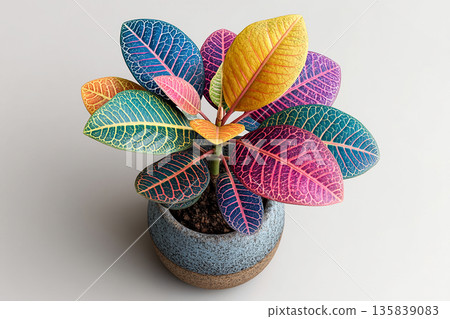 Plant care. Top view. Potted croton plant with colorful leaves on a white background. 135839083