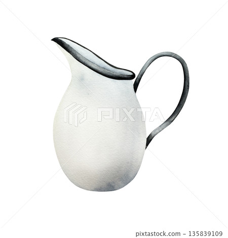 Porcelain jug for water, milk. Watercolor ceramic pitcher illustration isolated on background, transparent png. Vintage clip art. For greeting card, wallpaper, wrapping paper design, textile Porcelain jug for water, milk. Watercolor ceramic pitcher illustration isolated on background, transparent png. Vintage clip art. For greeting card, wallpaper, wrapping paper design, textile 135839109