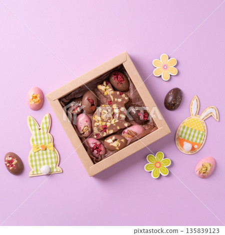 Easter chocolate bunny and eggs gift box 135839123