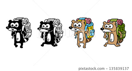 raccoon vector tanuki backpacker camping traveller hiking cartoon character icon funny japan pet doodle symbol illustration isolated design 135839137