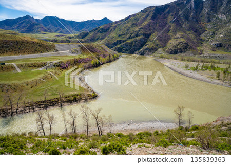 Confluence of Katun and Chuya rivers near Chuysky Trakt Altai Russia. Majestic meeting point of two Siberian mountain rivers 135839363