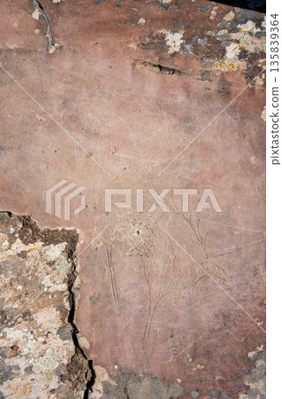 Petroglyphs at Kalbak-Tash rock art complex Altai Russia. Ancient carvings showcasing prehistoric cultural heritage. 135839364