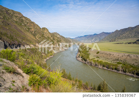 Katun River surrounded by mountains in Chuysky Trakt Altai Russia. Scenic Siberian river flowing through rugged mountain landscape. 135839367