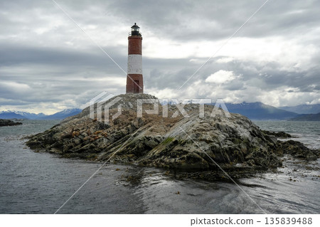 Patagonia sea lions colony on lighthouse rock of Hushuaia Argentina Beagle Channel Patagonia sea lions colony on lighthouse rock of Hushuaia Argentina Beagle Channel 135839488