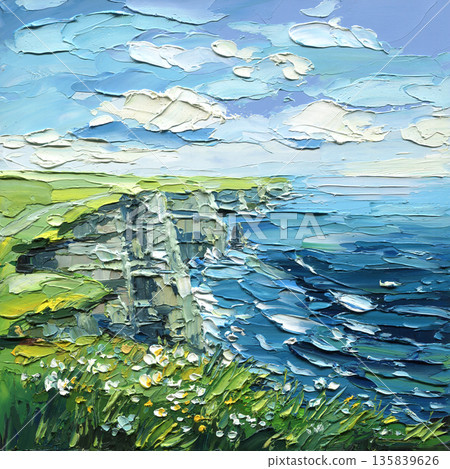 Coastal cliff Moher seascape painting with textured blue ocean waves green headland and bright summer sky clouds 135839626