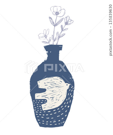 Hand painted vector ceramic vase with flowers and bird pattern, Organic clay object for pottery workshops posters and brochures 135839630