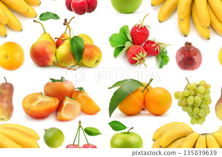 Seamless Pattern. Assorted Fresh Fruits Isolated on White Including Bananas, Persimmons, Pears, Oranges, Grapes, Apples, Cherries, Strawberries and Pomegranate in a Clean Studio Composition 135839639