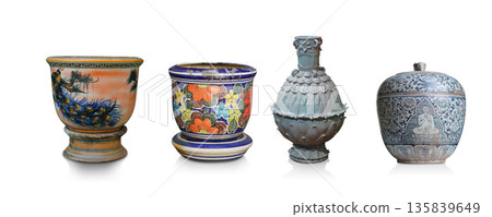 old and antique four ceramic, two color ceramic pot and blue ceramic jar and white and blue ceramic jar and ceramic lid on white background, object, deco old and antique four ceramic, two color ceramic pot and blue ceramic jar and white and blue ceramic jar and ceramic lid on white background, object, deco 135839649