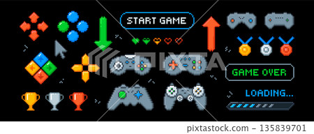 Pixel art arcade ui buttons, video game console, interface menu icons in 8bit retro style Pixel art arcade ui buttons, video game console, interface menu icons in 8bit retro style 135839701
