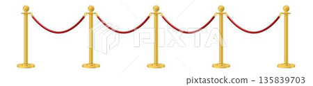 Retractable belt rack. Portable tape barrier. Red carpet with red ropes on golden stanchions. Exclusive event, movie premiere, gala, ceremony, awards concept. Vector Retractable belt rack. Portable tape barrier. Red carpet with red ropes on golden stanchions. Exclusive event, movie premiere, gala, ceremony, awards concept. Vector 135839703
