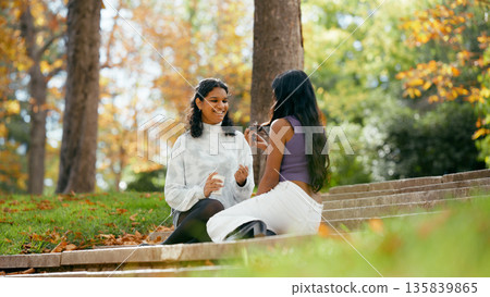 Indian women friends talking in an autumn park Indian women friends talking in an autumn park 135839865