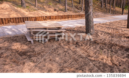 Wooden pallets on sand near forest path Wooden pallets on sand near forest path 135839894