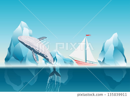 Whale jumping under the blue ocean surface near icebergs. Winter arctic vector illustration. Iceland Whale jumping under the blue ocean surface near icebergs. Winter arctic vector illustration. Iceland 135839911