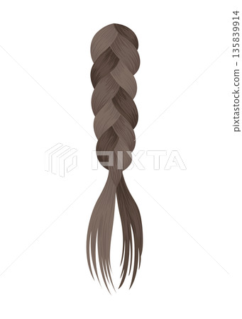 Hair braid. Long female fashion plait. Vector illustration of human hair in natural color. Cartoon art illustration with ribbon isolated on white background 135839914