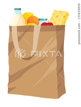 Paper shopping bag products grocery. Different food and beverage products, grocery shopping. Grocery supermarket. Fresh organic food and drinks. Grocery delivery concept Paper shopping bag products grocery. Different food and beverage products, grocery shopping. Grocery supermarket. Fresh organic food and drinks. Grocery delivery concept 135839939