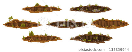 Holes ground set. Works digging of sand coal waste rock or gravel. Brown, dry mine elements of landscape. Cartoon illustration Holes ground set. Works digging of sand coal waste rock or gravel. Brown, dry mine elements of landscape. Cartoon illustration 135839944