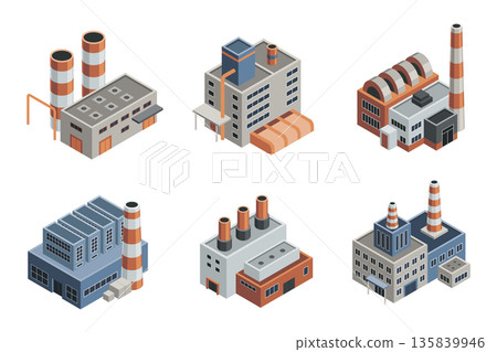 Factory isometric. Architecture of manufactures houses. Industrial buldings. 3d isolated icons. Concept of industrial working plants with chimney pipe tower Factory isometric. Architecture of manufactures houses. Industrial buldings. 3d isolated icons. Concept of industrial working plants with chimney pipe tower 135839946