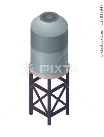 Elevated reservoir with steel framework, Gray cylindrical water tank on lattice tower, Illustration of elevated water reservoir on steel support with access and telemetry sensors 135839947