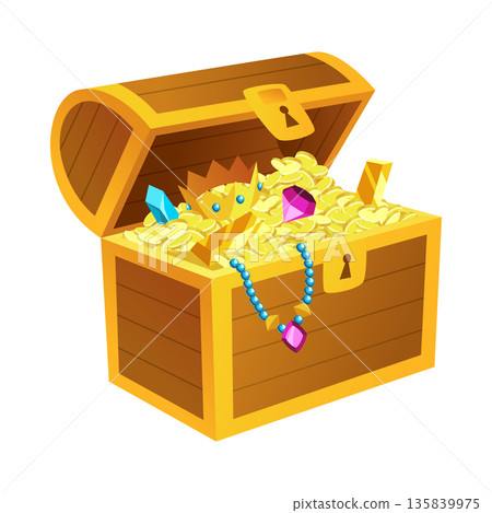 Treasure gold coins. Chest full of shiny royal gold and gemstones. Gold treasure, shiny savings, golden coins isolated on white background. Vector cartoon icon 135839975