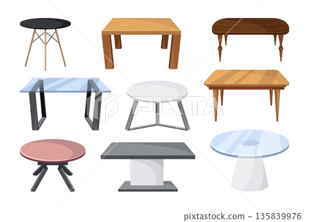 Tables furniture of wood, interior wooden desks. Empty wooden table isolated illustration on white background. Vector illustration of platforms or stands Tables furniture of wood, interior wooden desks. Empty wooden table isolated illustration on white background. Vector illustration of platforms or stands 135839976