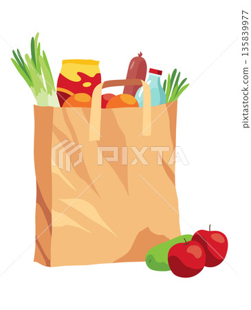 Paper shopping bag products grocery. Different food and beverage products, grocery shopping. Grocery supermarket. Fresh organic food and drinks. Grocery delivery concept 135839977