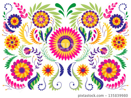 Mexican flower traditional pattern background. Ethnic embroidery decoration ornament. Flower symmetry texture. Ornate folk graphic, wallpaper. Festive mexican floral motif. Vector illustration 135839980