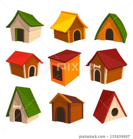 Dog house icon set. Cartoon pet accessory. Petshop supermarket item. Empty pet home with roof. House for domestic animal. Isolated flat vector illustration Dog house icon set. Cartoon pet accessory. Petshop supermarket item. Empty pet home with roof. House for domestic animal. Isolated flat vector illustration 135839987