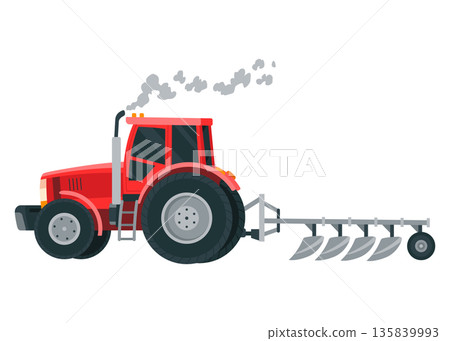 Tractor ready to plowing the field in rural or countryside land. Farm life, equipment for soil cultivation. Vector cartoon illustration 135839993