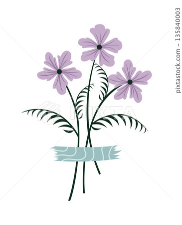 Flowers bouquet decoration attached by colorful washi tape. Floral pieces pretty romantic ornaments with sticker strips vector illustration 135840003