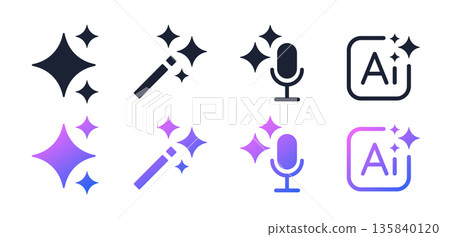 Set of generative AI buttons. Active inactive button, for UI UX, apps, websites, and Interfaces. Stars, magic wand, microphone, rounded square button. Vector gradient illustration Set of generative AI buttons. Active inactive button, for UI UX, apps, websites, and Interfaces. Stars, magic wand, microphone, rounded square button. Vector gradient illustration 135840120