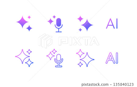 Set of AI icons - flat and linear variations. AI sparkle star with square, search, microphone, letters. Artificial intelligence technology and Machine learning symbols for application and web. Vector 135840123