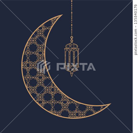 Islamic illustration featuring a crescent moon and hanging lantern with geometric patterns, perfect for Ramadan, Eid, Islamic celebrations, religious backgrounds, greeting designs, banners, posters Islamic illustration featuring a crescent moon and hanging lantern with geometric patterns, perfect for Ramadan, Eid, Islamic celebrations, religious backgrounds, greeting designs, banners, posters 135840176