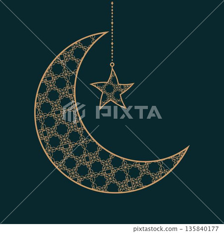 Islamic illustration featuring a crescent moon and hanging lantern with geometric patterns, perfect for Ramadan, Eid, Islamic celebrations, religious backgrounds, greeting designs, banners, posters Islamic illustration featuring a crescent moon and hanging lantern with geometric patterns, perfect for Ramadan, Eid, Islamic celebrations, religious backgrounds, greeting designs, banners, posters 135840177