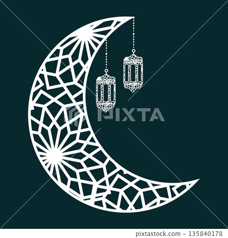 Islamic illustration featuring a crescent moon and hanging lantern with geometric patterns, perfect for Ramadan, Eid, Islamic celebrations, religious backgrounds, greeting designs, banners, posters 135840178
