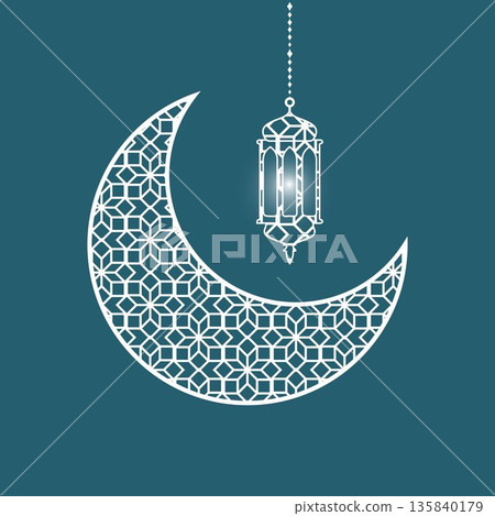 Islamic illustration featuring a crescent moon and hanging lantern with geometric patterns, perfect for Ramadan, Eid, Islamic celebrations, religious backgrounds, greeting designs, banners, posters 135840179