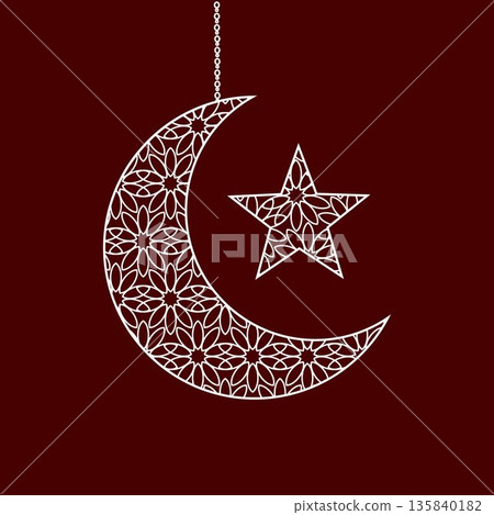 Islamic illustration featuring a crescent moon and hanging lantern with geometric patterns, perfect for Ramadan, Eid, Islamic celebrations, religious backgrounds, greeting designs, banners, posters 135840182
